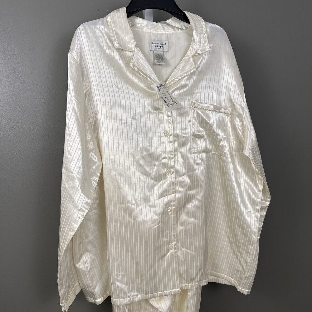 Vintage NOS Amanda Stewart Satin Pajama Set Large Ivory Striped Sears NWT 90s - Picture 2 of 9